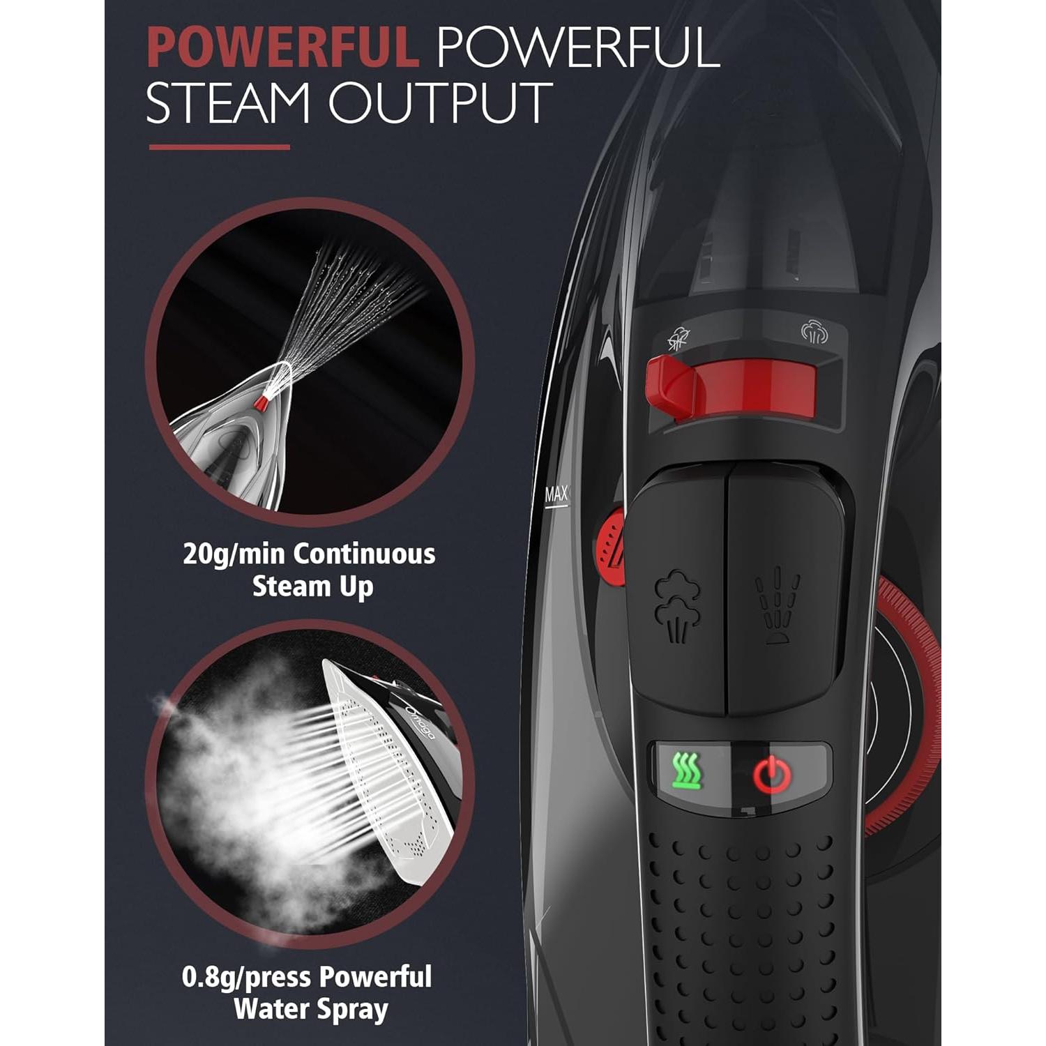 Cordless Iron, 1500W Cordless Iron with Steam - Cordless Iron for Clothes with 11.84oz Water Tank, Anti Drip Iron Cordless with Ceramic Soleplate and 3 Temperature Settings-BLACK