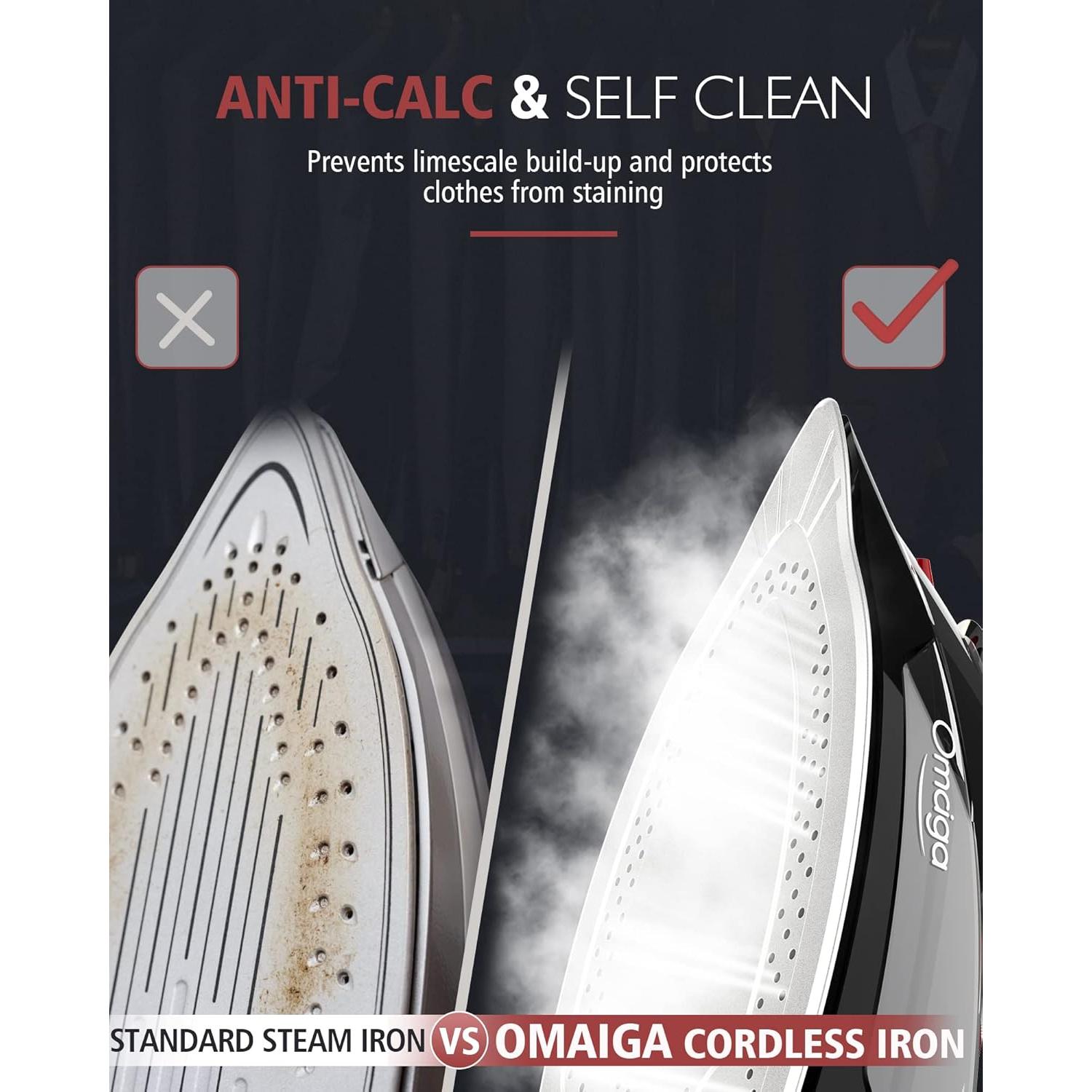 Cordless Iron, 1500W Cordless Iron with Steam - Cordless Iron for Clothes with 11.84oz Water Tank, Anti Drip Iron Cordless with Ceramic Soleplate and 3 Temperature Settings-BLACK