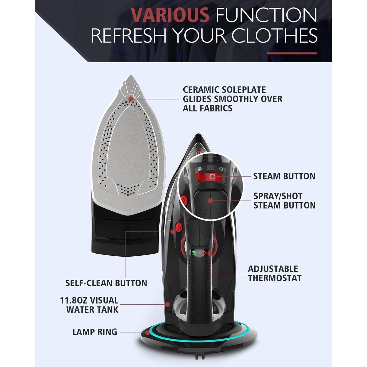 Cordless Iron, 1500W Cordless Iron with Steam - Cordless Iron for Clothes with 11.84oz Water Tank, Anti Drip Iron Cordless with Ceramic Soleplate and 3 Temperature Settings-BLACK