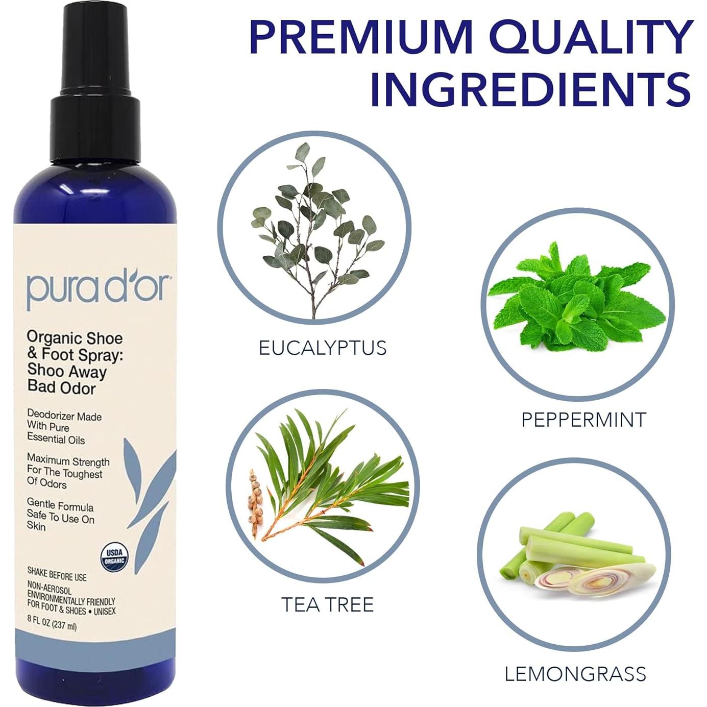 PURA D'OR Spray Orgánico Eliminador de Olores para Zapatos 240 ml