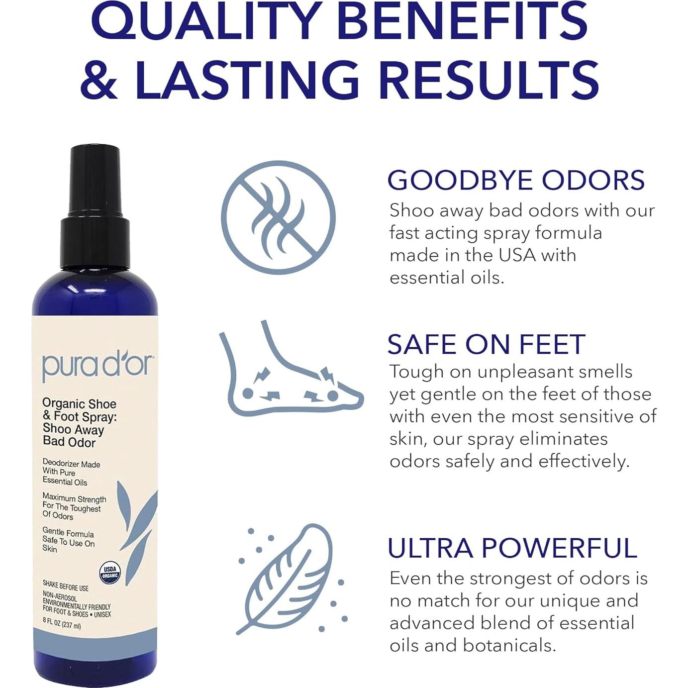 PURA D'OR Spray Orgánico Eliminador de Olores para Zapatos 240 ml