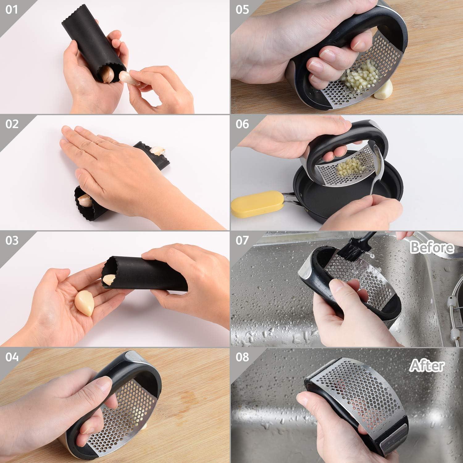 Prensa de Ajo JOMIHONEY Acero Inoxidable con Pelador y Cepillo