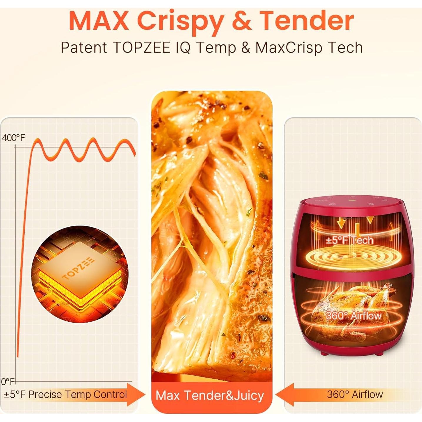 Freidora de Aire Compacta Topzee 2.1L Roja, 4 en 1, 1000W