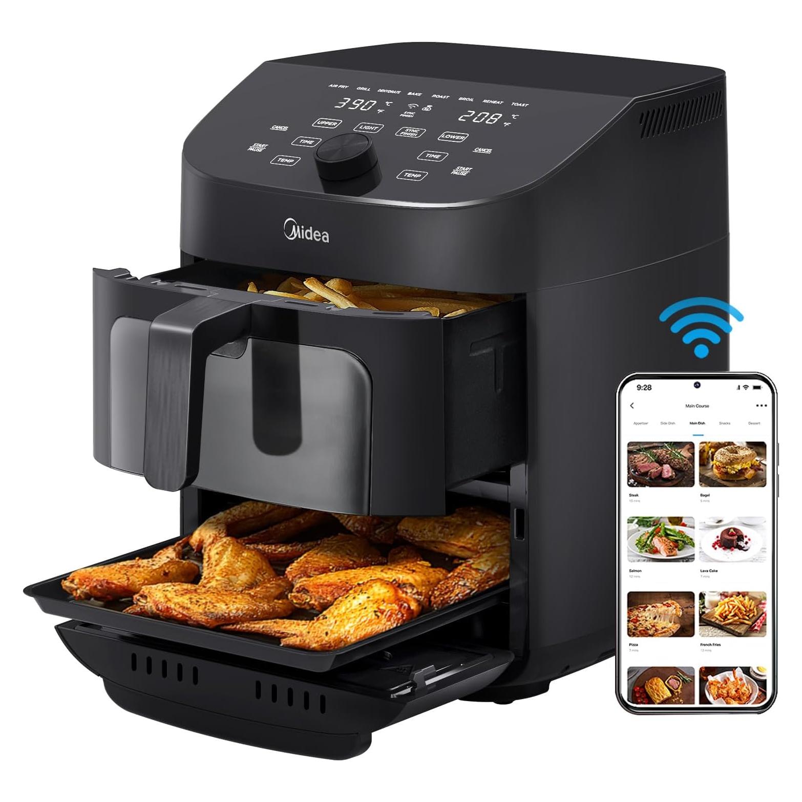 Midea Dual Basket Air Fryer Oven 11 Quart 8 in 1 Functions, Clear Window, Smart Sync Finish, Works with Alexa, Wi-Fi Connectivity, 50+ App Recipes for family meals, Bake, Roast, Grill, Broil, Toast