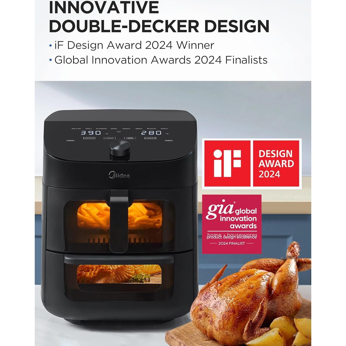 Midea Dual Basket Air Fryer Oven 11 Quart 8 in 1 Functions, Clear Window, Smart Sync Finish, Works with Alexa, Wi-Fi Connectivity, 50+ App Recipes for family meals, Bake, Roast, Grill, Broil, Toast