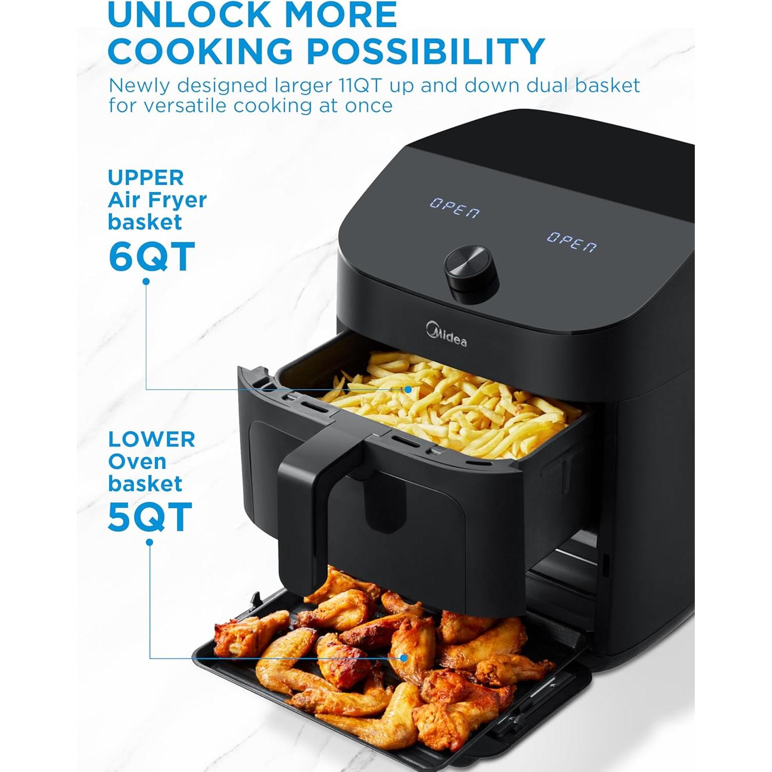 Midea Dual Basket Air Fryer Oven 11 Quart 8 in 1 Functions, Clear Window, Smart Sync Finish, Works with Alexa, Wi-Fi Connectivity, 50+ App Recipes for family meals, Bake, Roast, Grill, Broil, Toast
