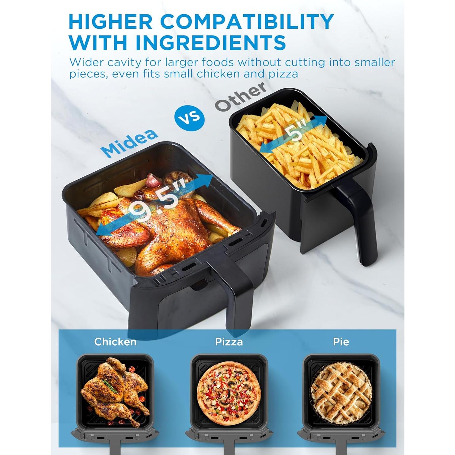 Midea Dual Basket Air Fryer Oven 11 Quart 8 in 1 Functions, Clear Window, Smart Sync Finish, Works with Alexa, Wi-Fi Connectivity, 50+ App Recipes for family meals, Bake, Roast, Grill, Broil, Toast