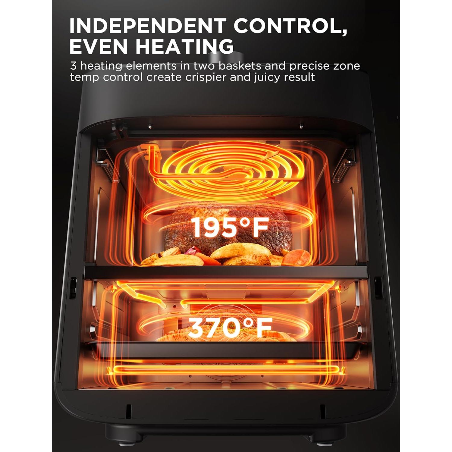 Midea Dual Basket Air Fryer Oven 11 Quart 8 in 1 Functions, Clear Window, Smart Sync Finish, Works with Alexa, Wi-Fi Connectivity, 50+ App Recipes for family meals, Bake, Roast, Grill, Broil, Toast