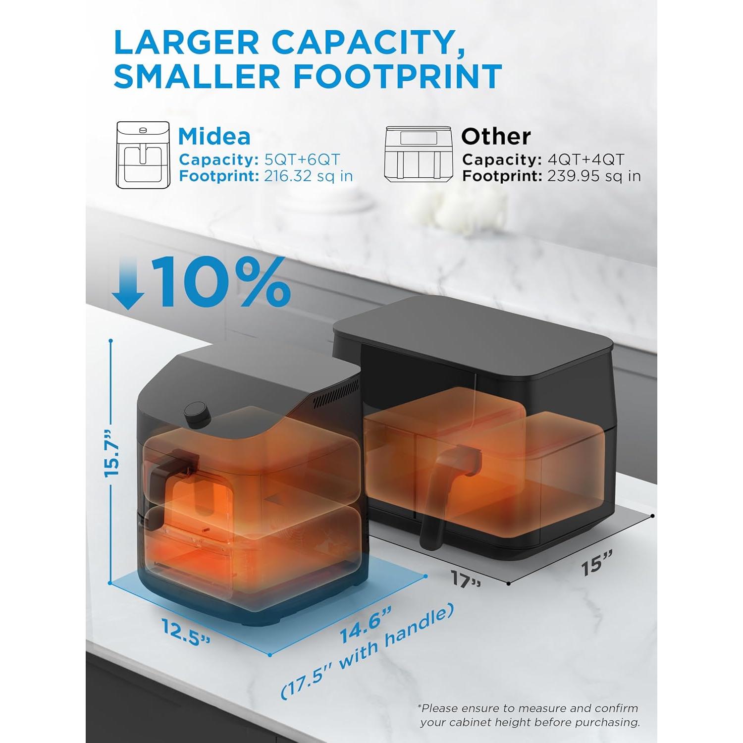 Midea Dual Basket Air Fryer Oven 11 Quart 8 in 1 Functions, Clear Window, Smart Sync Finish, Works with Alexa, Wi-Fi Connectivity, 50+ App Recipes for family meals, Bake, Roast, Grill, Broil, Toast