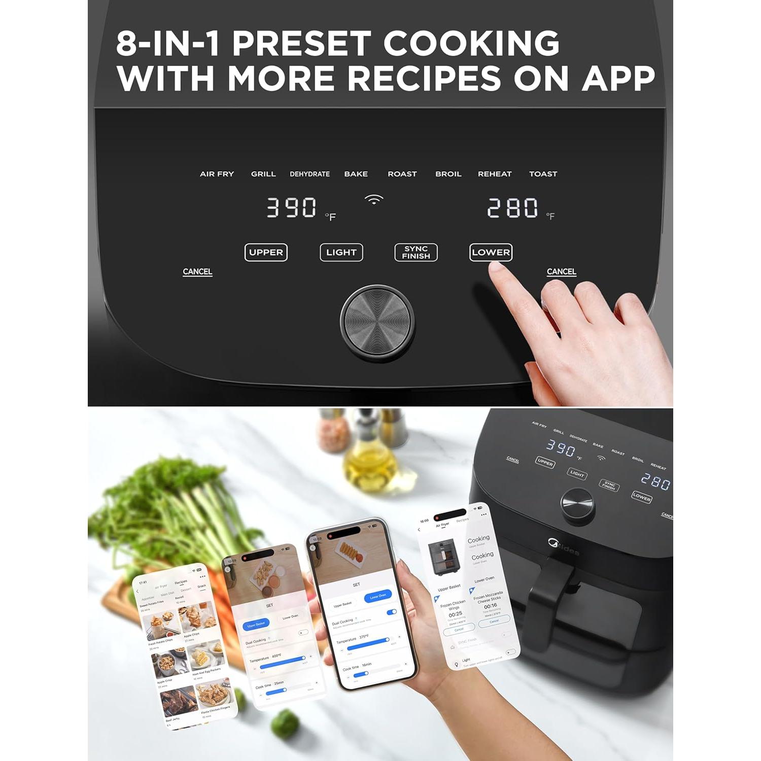 Midea Dual Basket Air Fryer Oven 11 Quart 8 in 1 Functions, Clear Window, Smart Sync Finish, Works with Alexa, Wi-Fi Connectivity, 50+ App Recipes for family meals, Bake, Roast, Grill, Broil, Toast