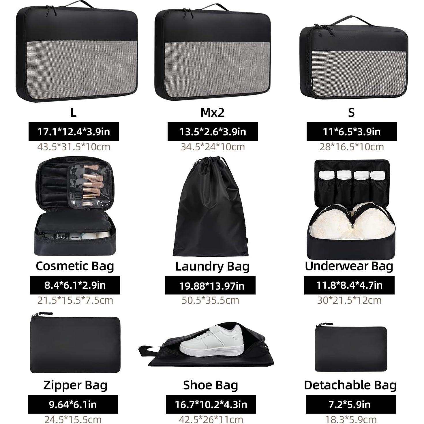 Cubos de Empaque Organizador BAGAIL 9 Set Negro para Viajes