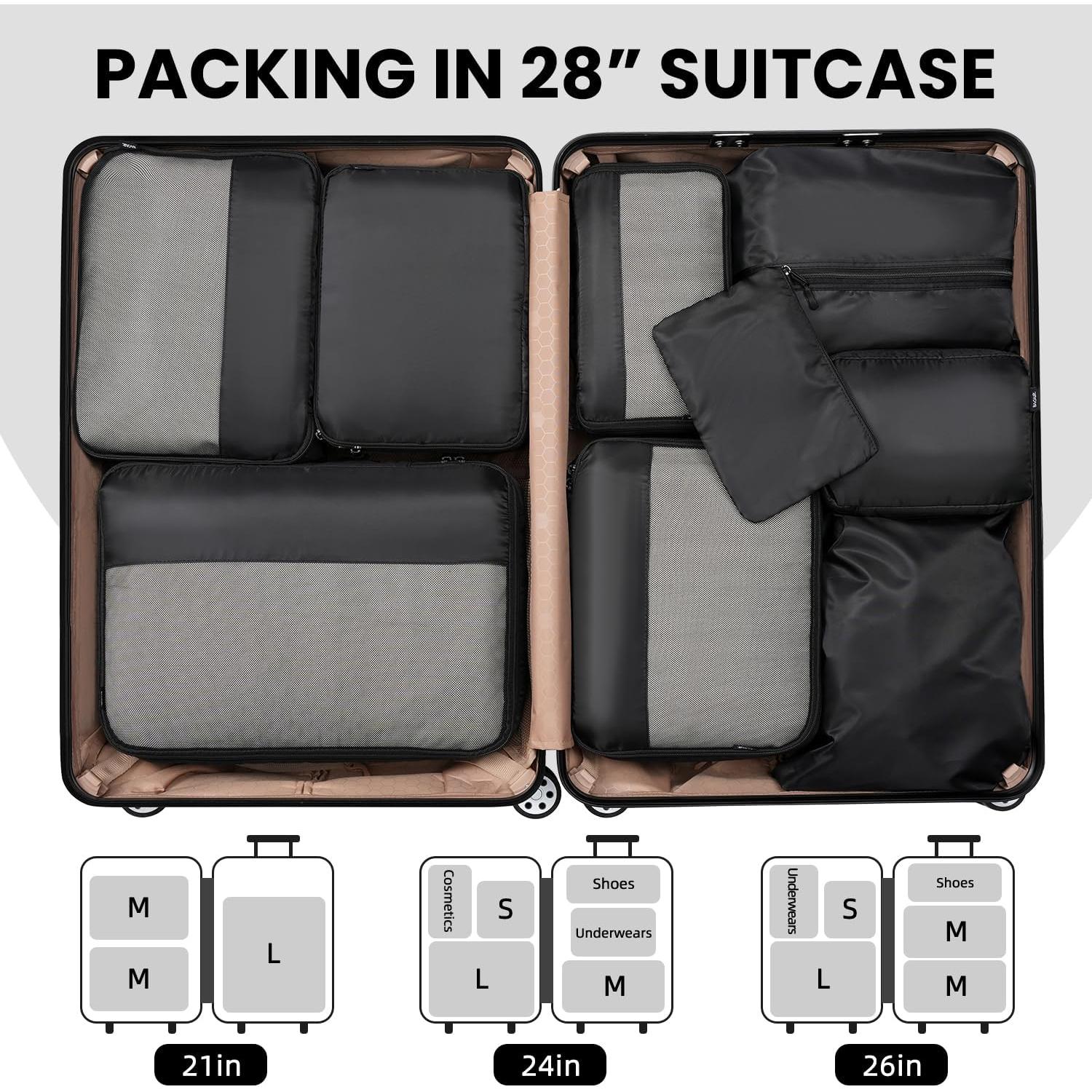 Cubos de Empaque Organizador BAGAIL 9 Set Negro para Viajes