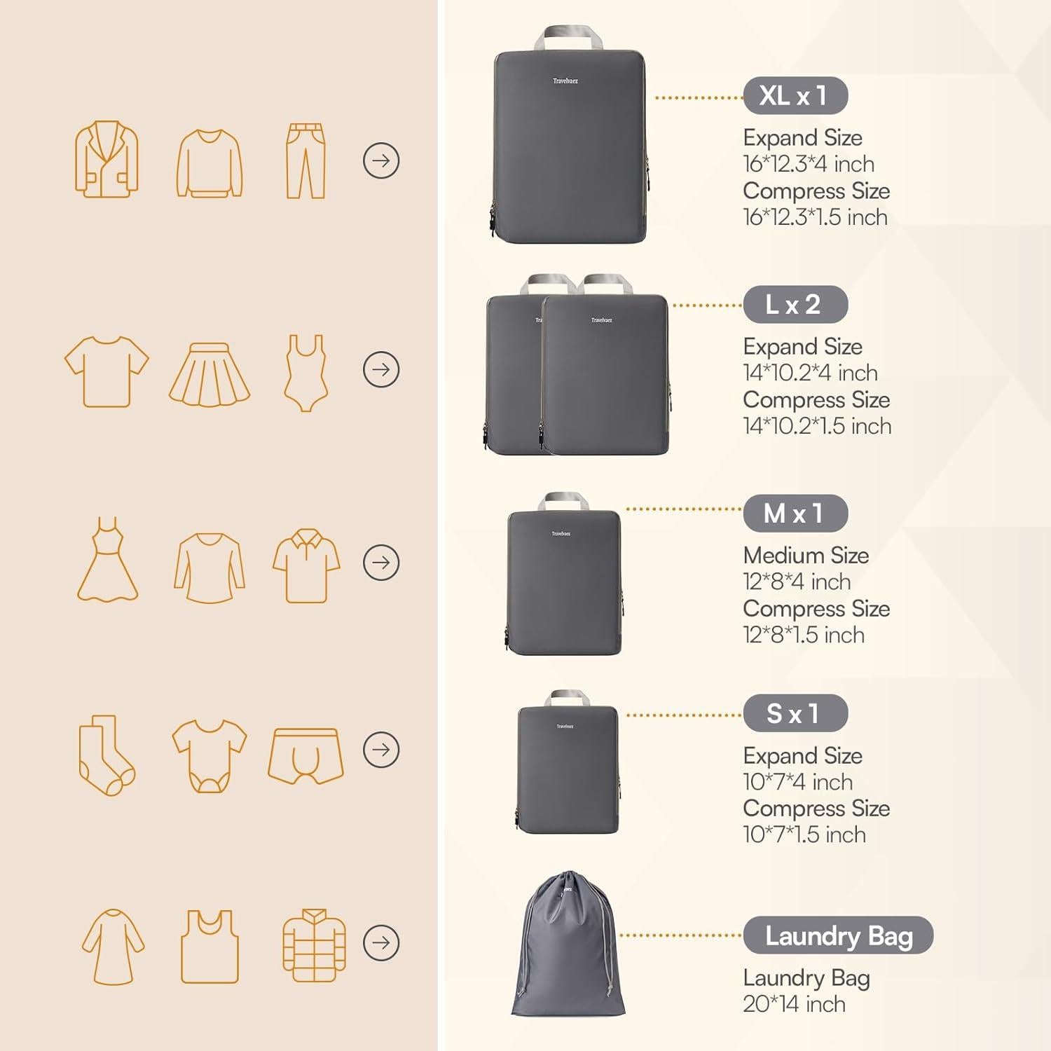 Set de 6 Cubos de Compresión Travelvaez Gris 40x31 cm