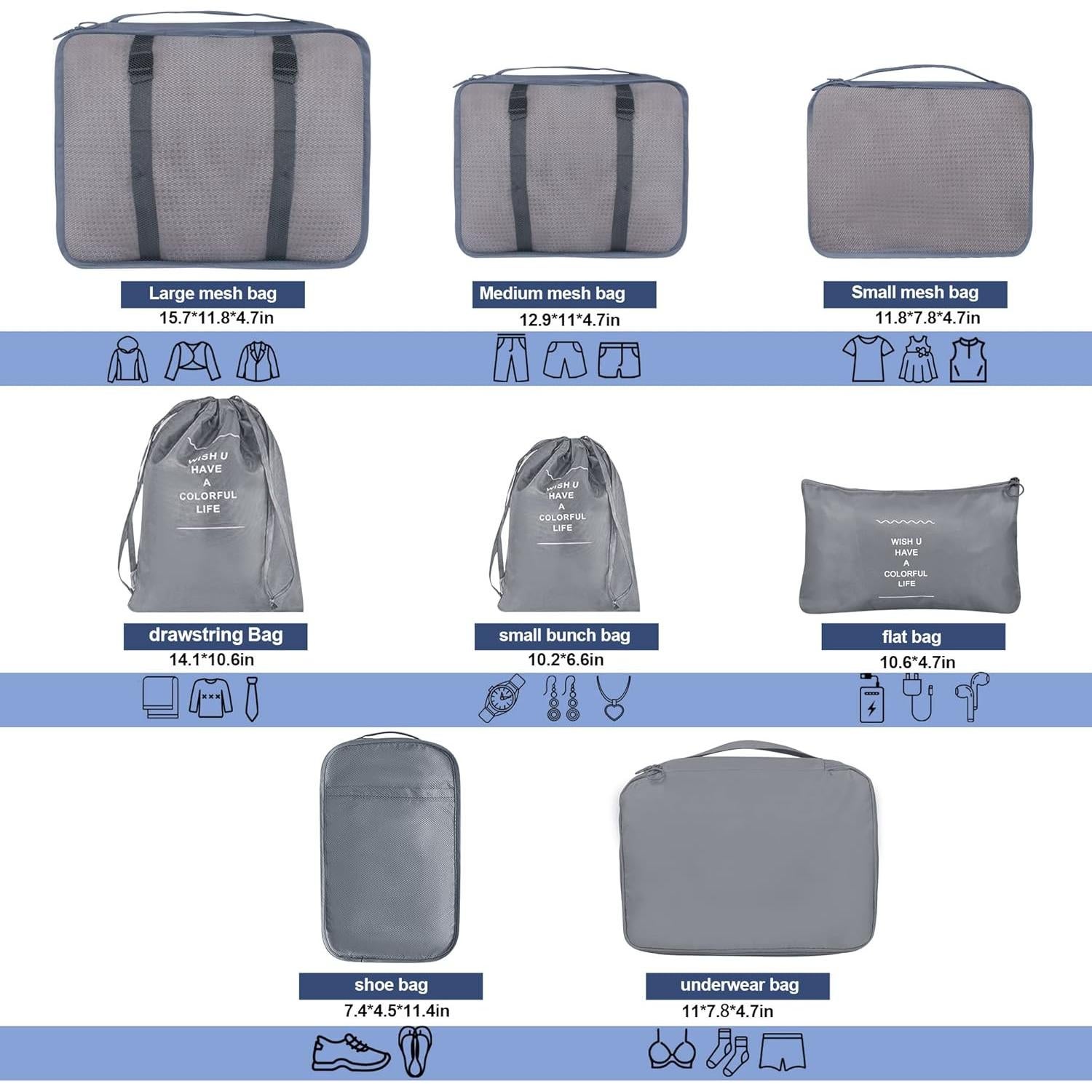 Set de 8 Cubos de Empaque kingdalux Gris para Viaje