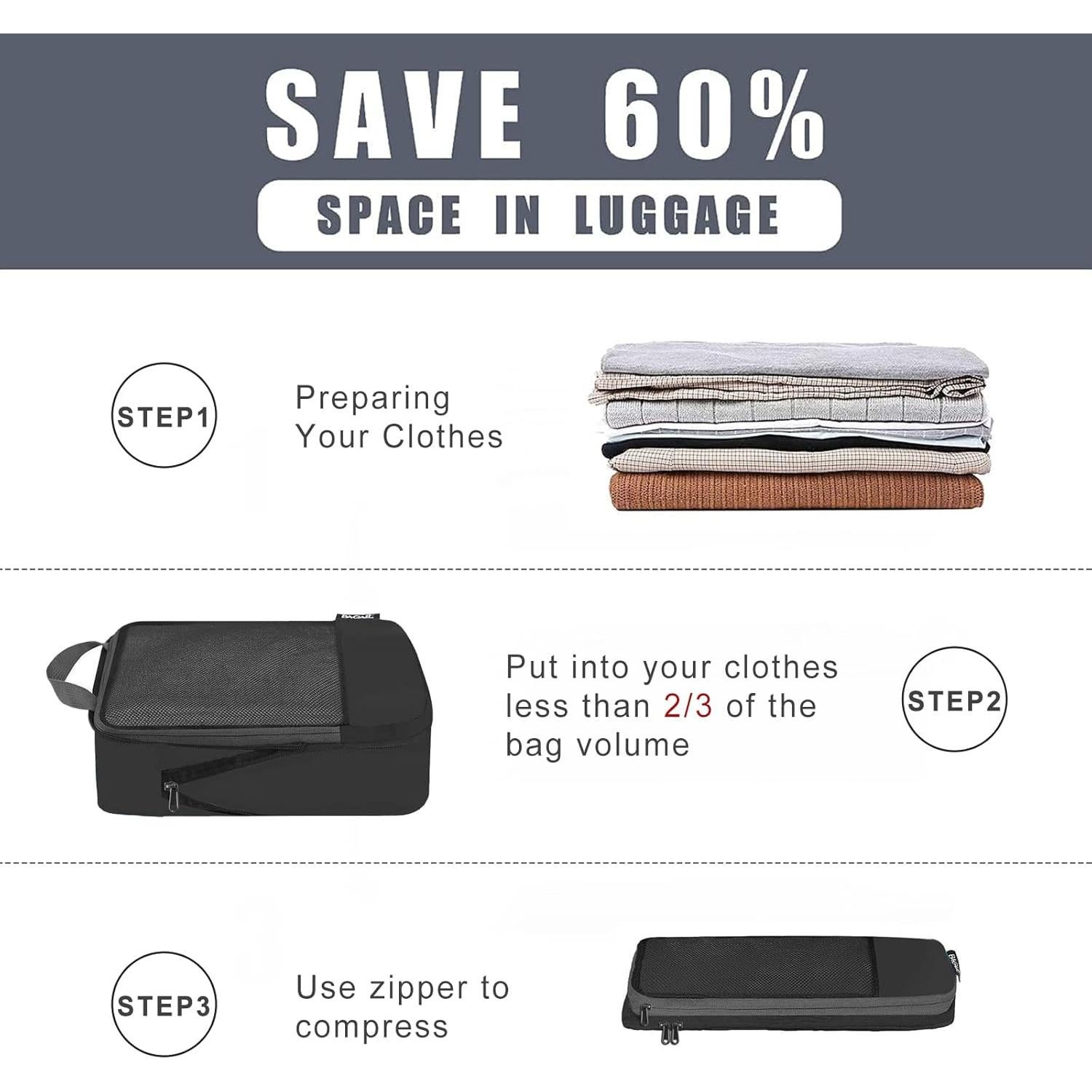 Cubos de Compresión BAGAIL 6 Set Negro 320D para Viaje