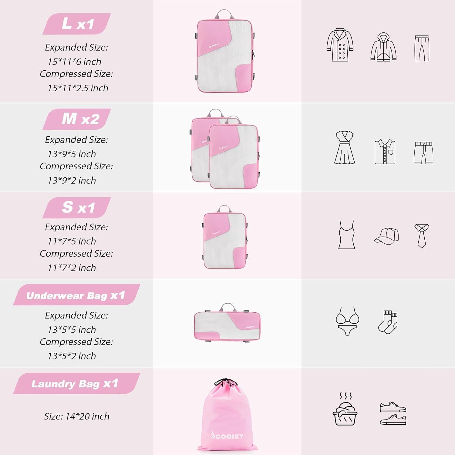 Cubos de Compresión COOSKY 6 Set Rosa para Viaje