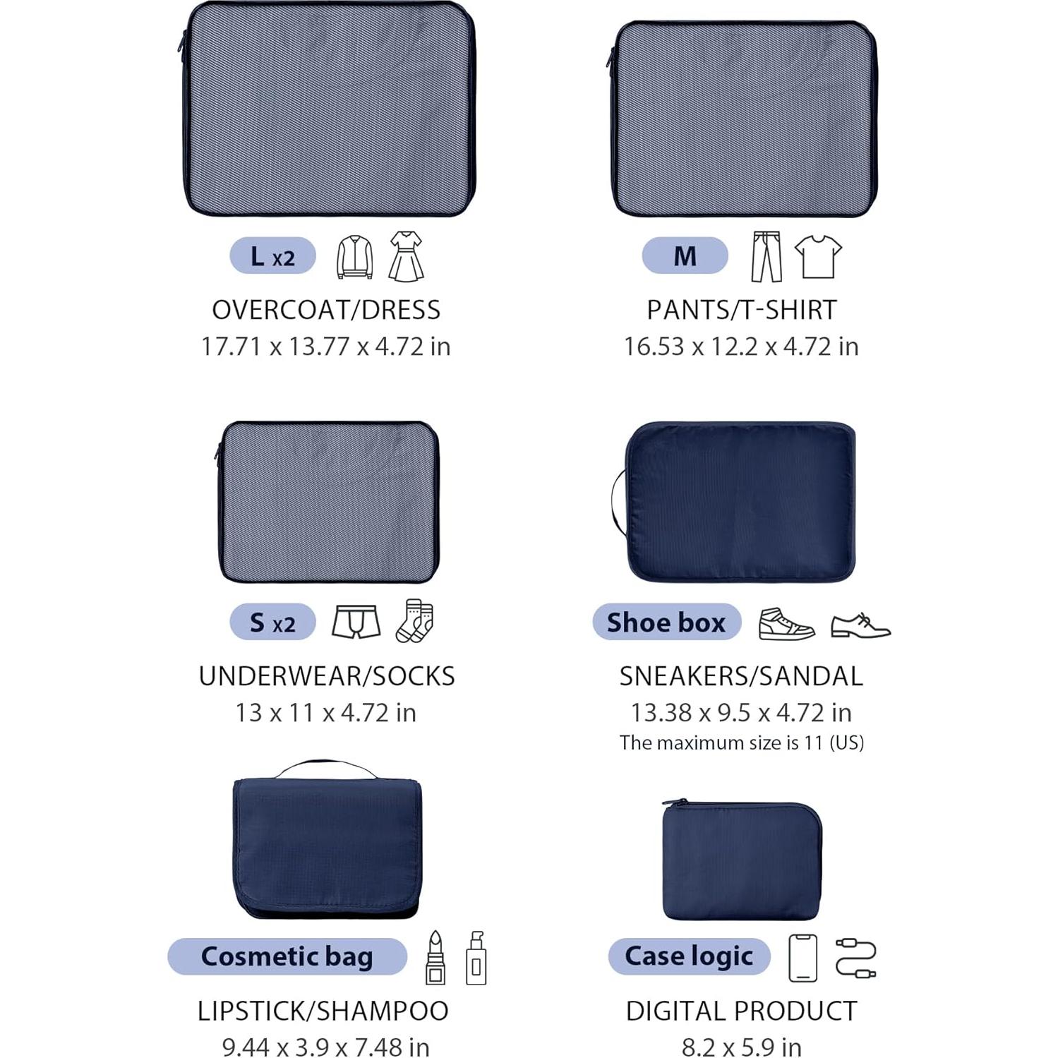 Cubos de Empaque DIMJ - 8 Piezas para Viaje Azul Marino