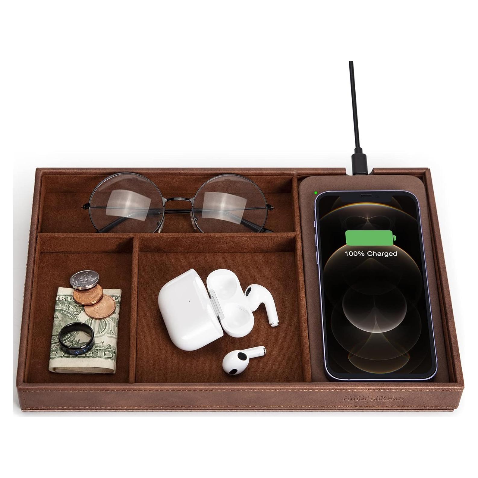 Bandeja de Valet Cargador Inalámbrico Cuir Marrón 4 Compartimentos
