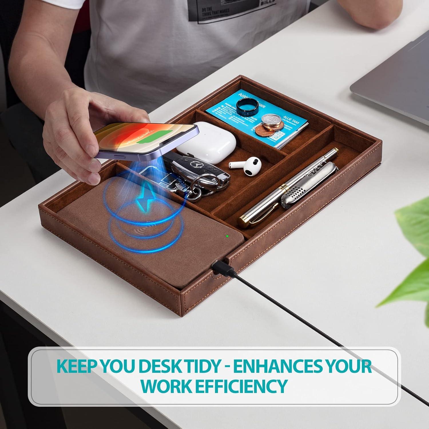 Bandeja de Valet Cargador Inalámbrico Cuir Marrón 4 Compartimentos