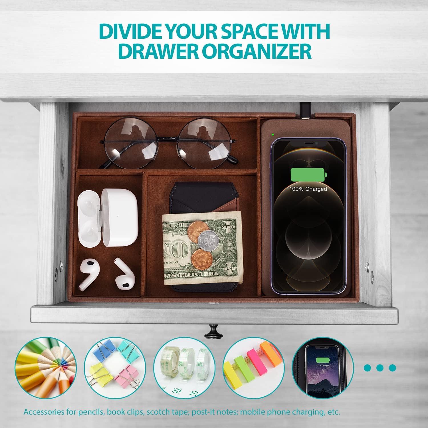 Bandeja de Valet Cargador Inalámbrico Cuir Marrón 4 Compartimentos