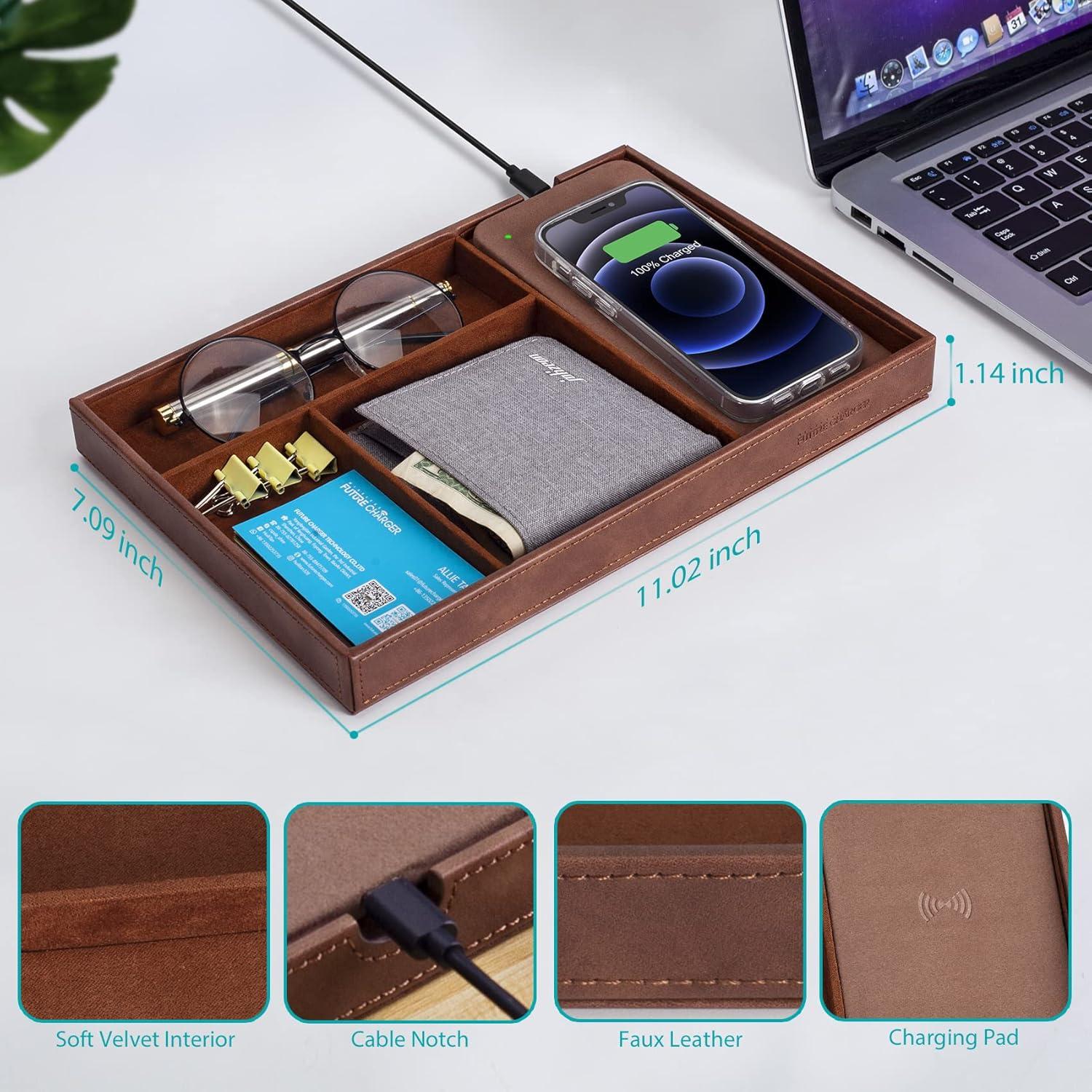 Bandeja de Valet Cargador Inalámbrico Cuir Marrón 4 Compartimentos