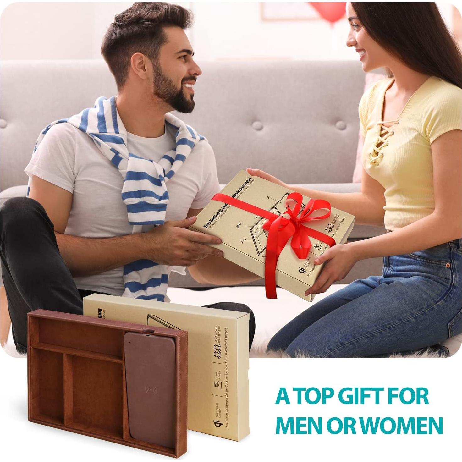 Bandeja de Valet Cargador Inalámbrico Cuir Marrón 4 Compartimentos