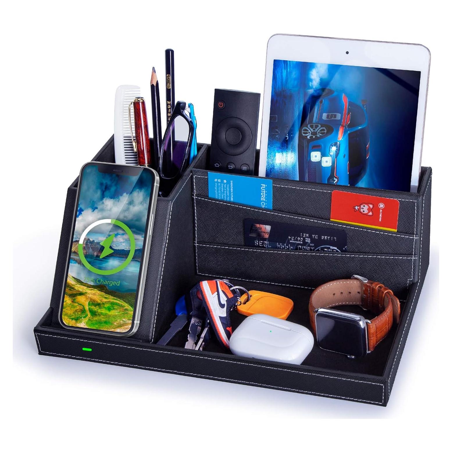 Bandeja de Valet Cargador Inalámbrico Cuir Negro 18x27cm