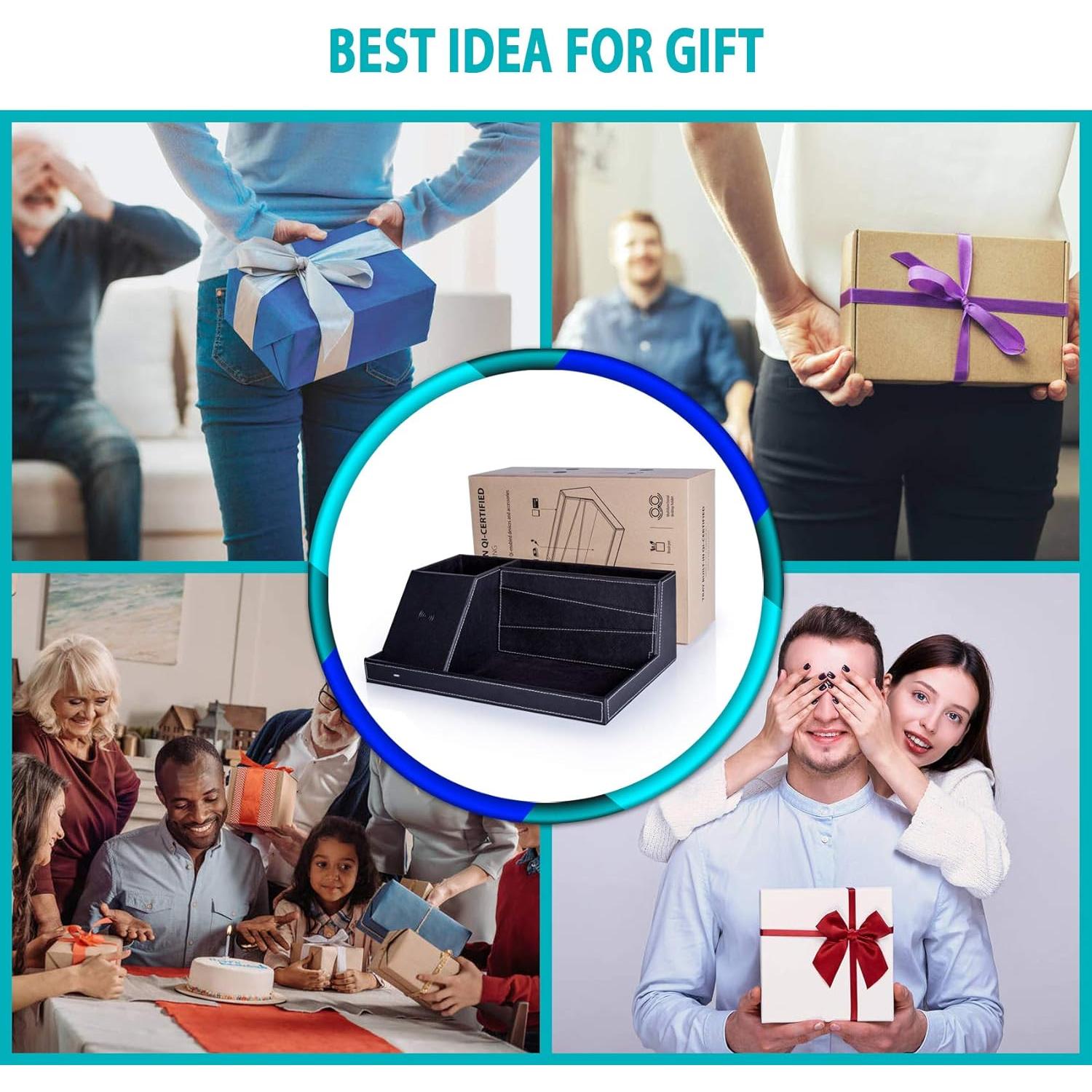 Bandeja de Valet Cargador Inalámbrico Cuir Negro 18x27cm