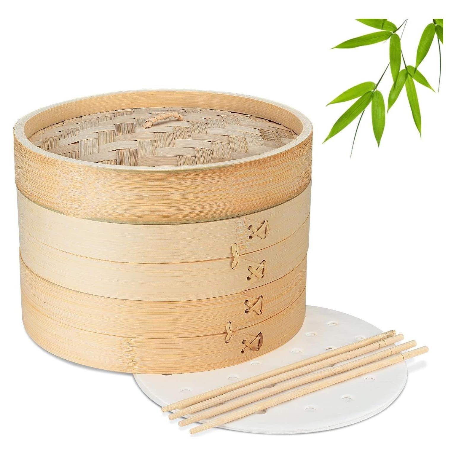 Cesta de Vapor de Bambú Flexzion 20 cm con 50 Forros y Palillos