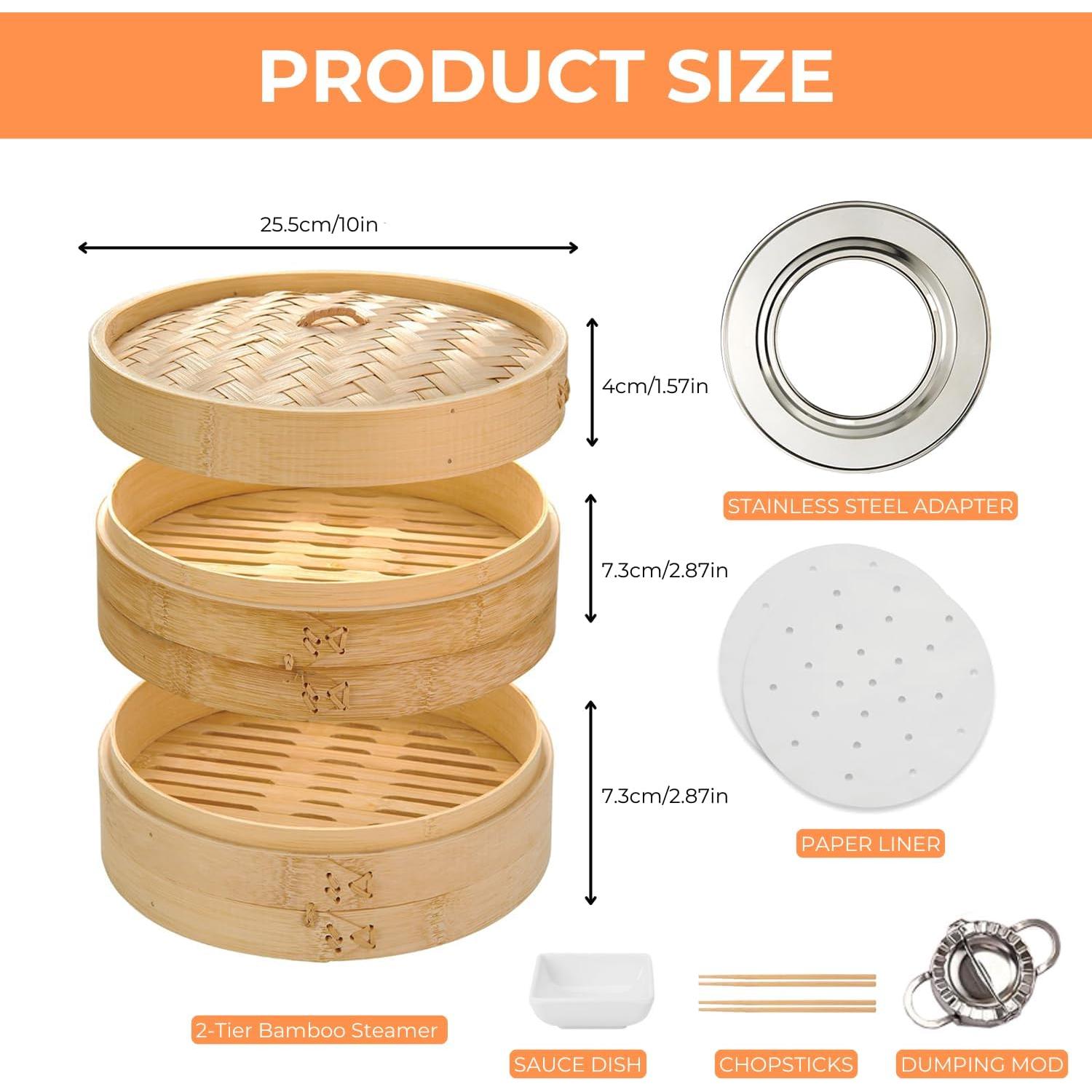 Vaporera de Bambú 25.4 cm 2 Niveles PEPPAMART para Dumplings