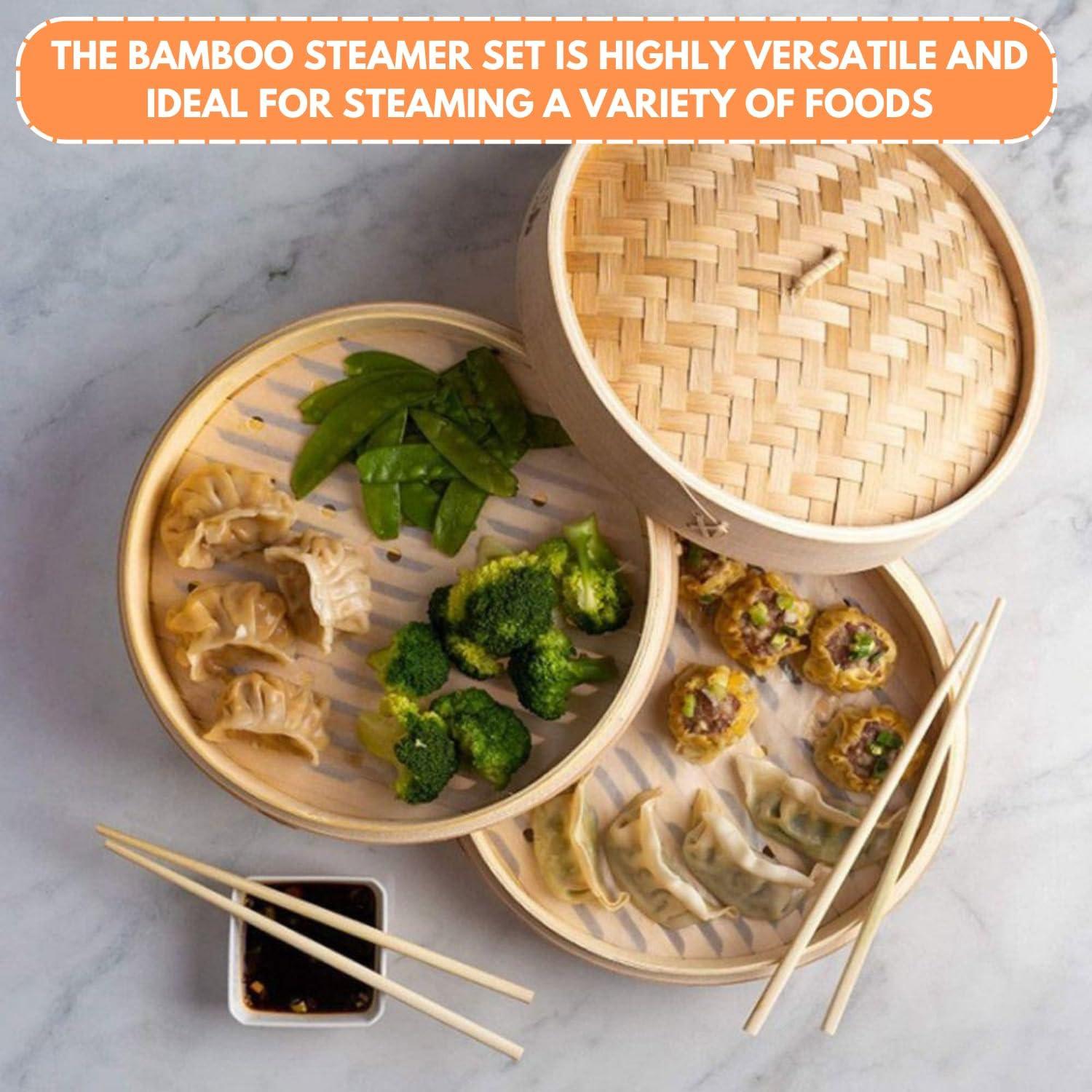 Vaporera de Bambú 25.4 cm 2 Niveles PEPPAMART para Dumplings