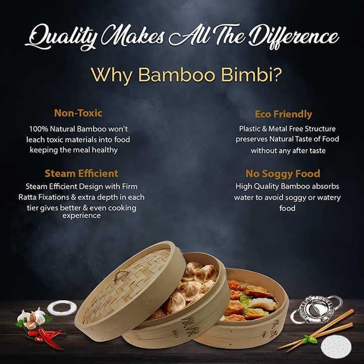 Vaporera de Bambú 25.4 cm 2 Niveles PEPPAMART para Dumplings