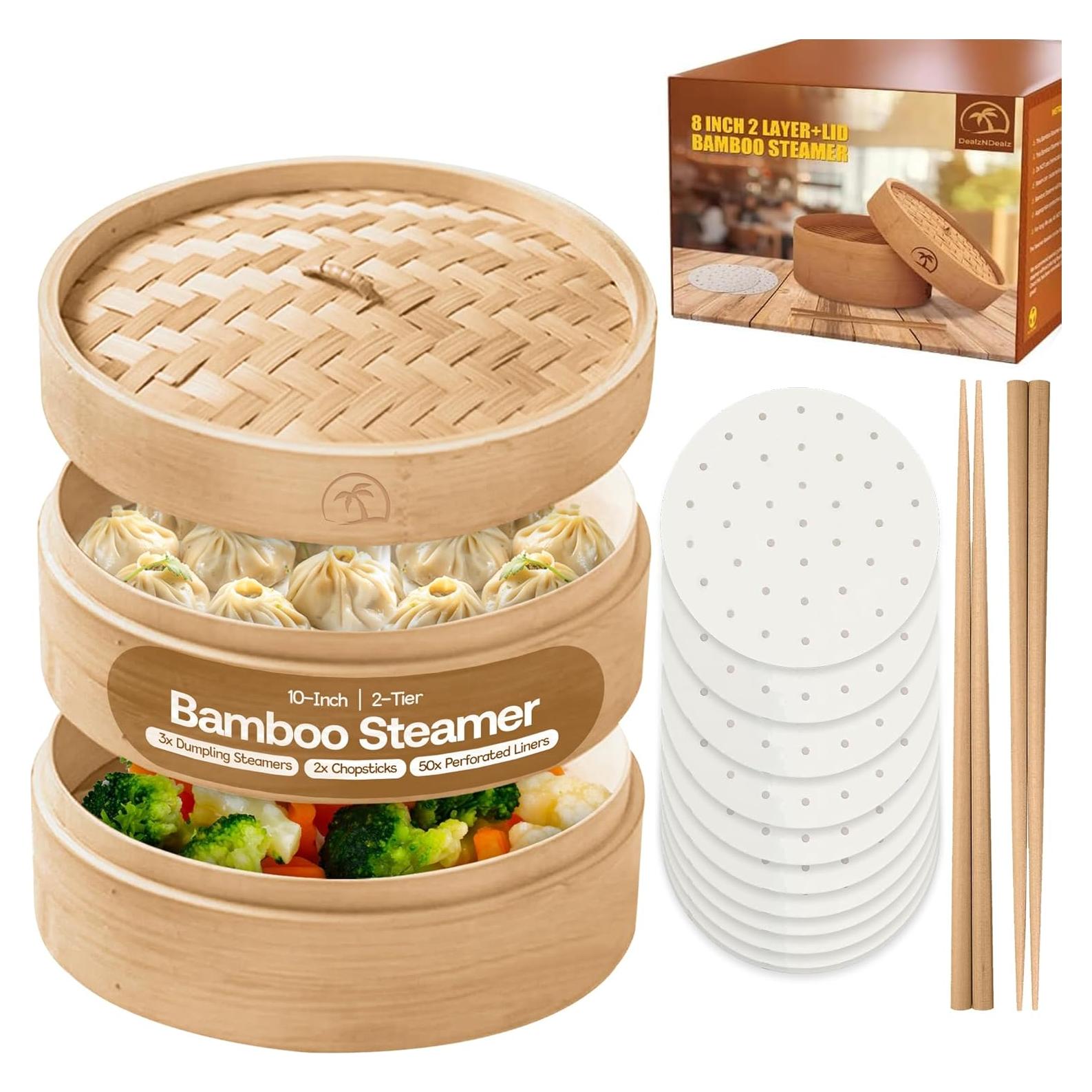 Cesta de vapor de bambú 2 niveles 25,4 cm con tapa y accesorios