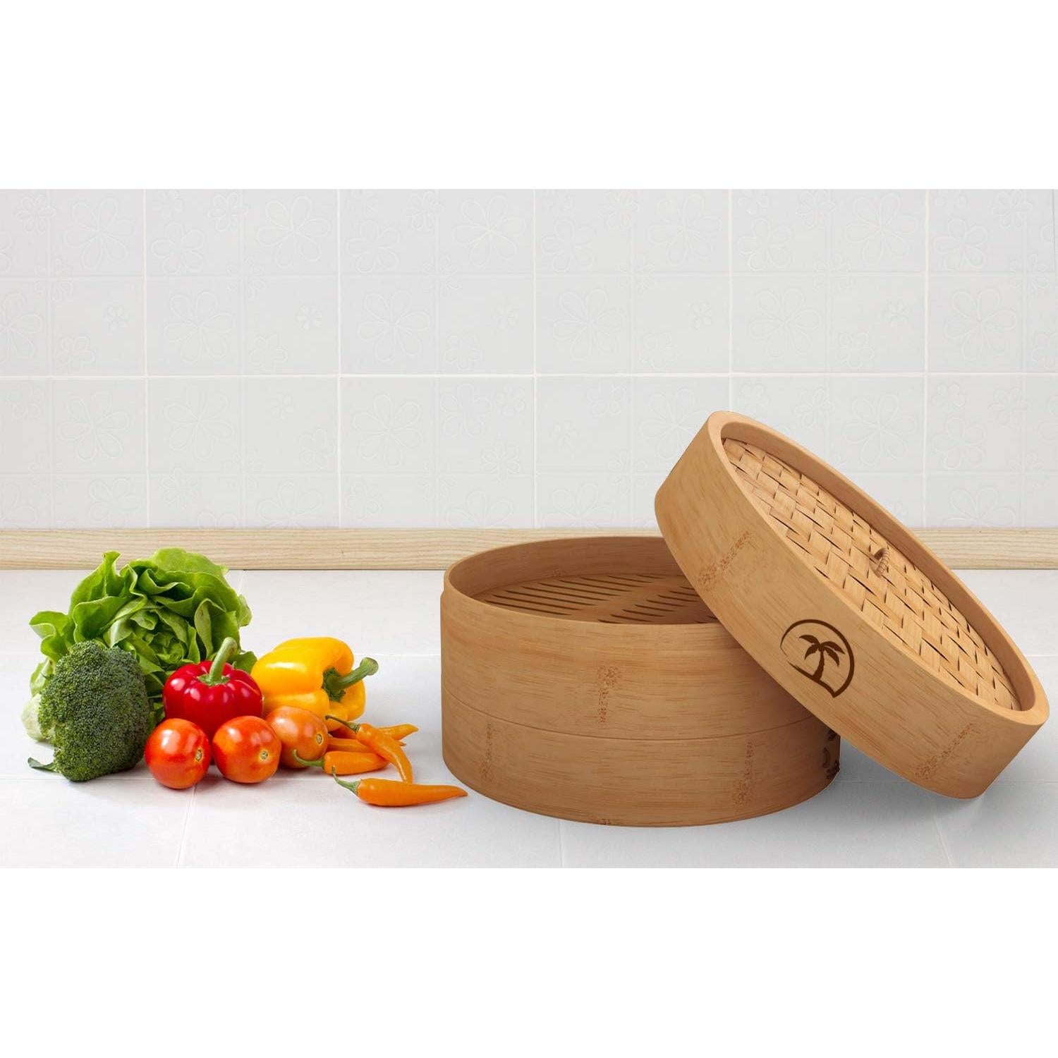 Cesta de vapor de bambú 2 niveles 25,4 cm con tapa y accesorios