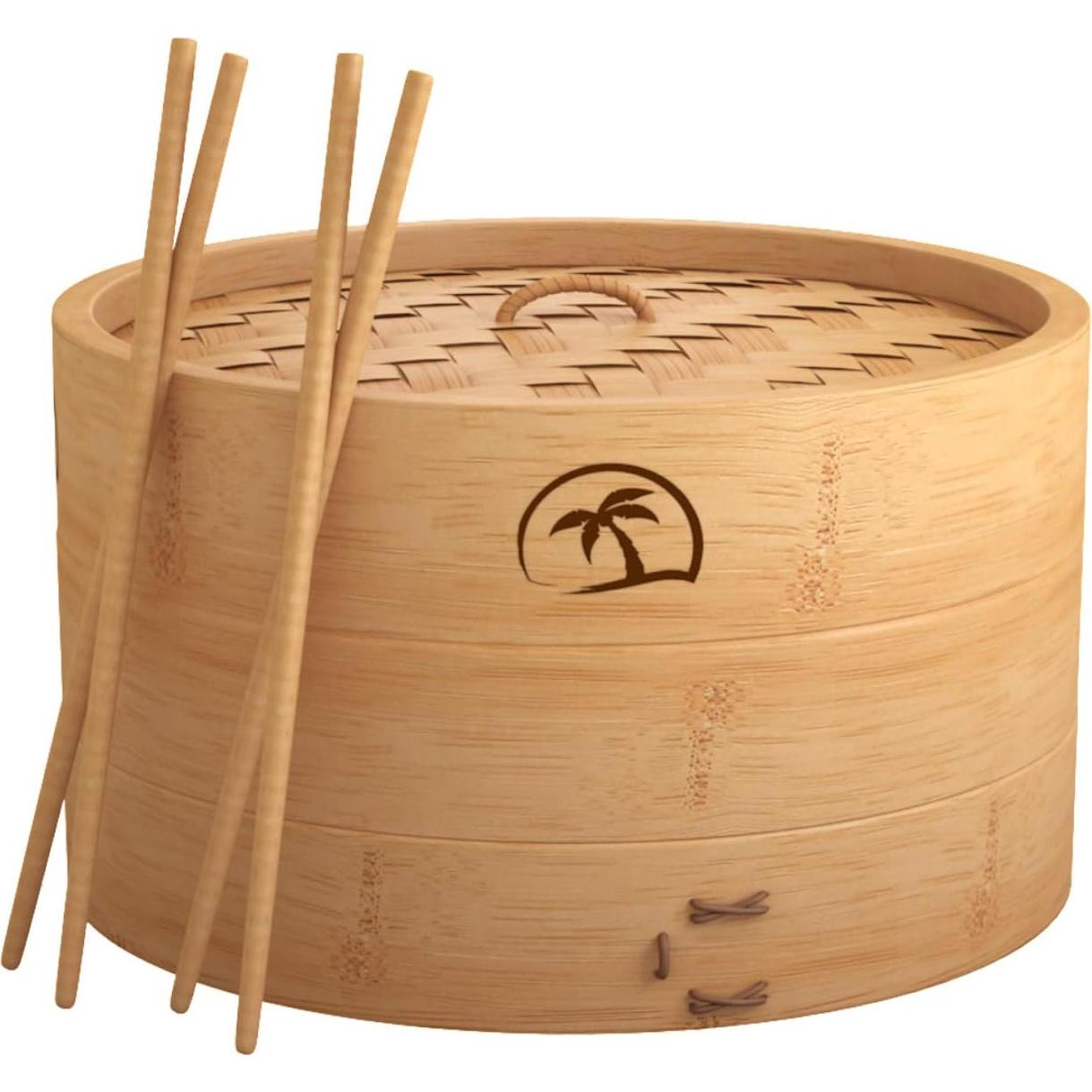 Cesta de vapor de bambú 2 niveles 25,4 cm con tapa y accesorios