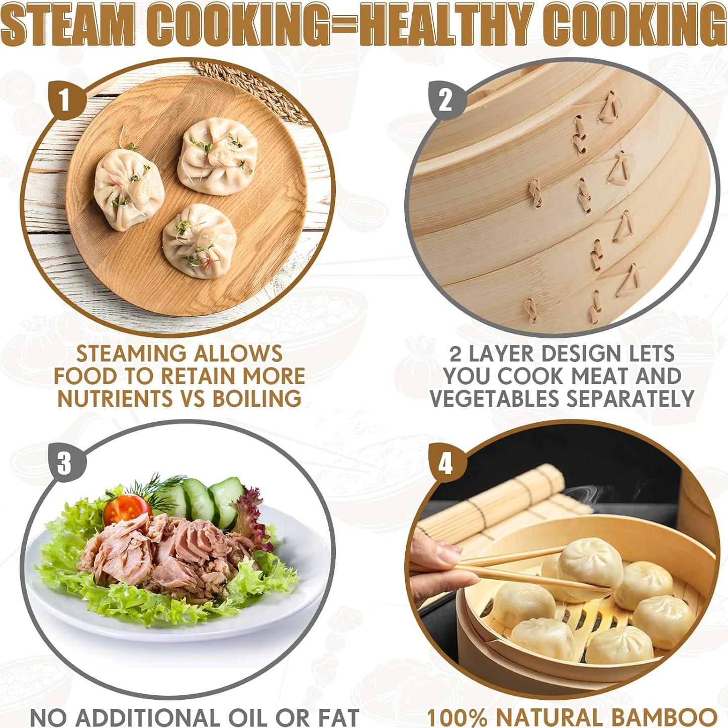 Conjunto de Cestas de Vapor de Bambú 2 Niveles 25.4 cm Tessco