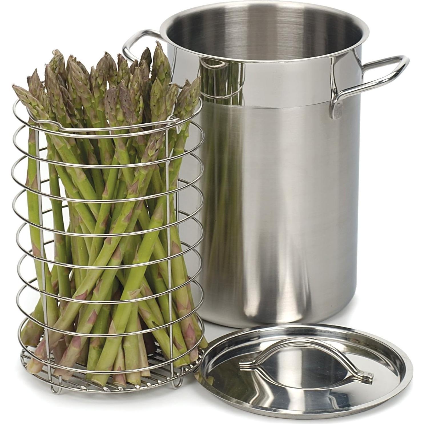RSVP International Endurance Kitchen Cookware Collection Stainless Steel Asparagus Steamer Pot & Lid with Chromed Steel Basket Insert, 3 Quart Capacity, 5.5" Diameter
