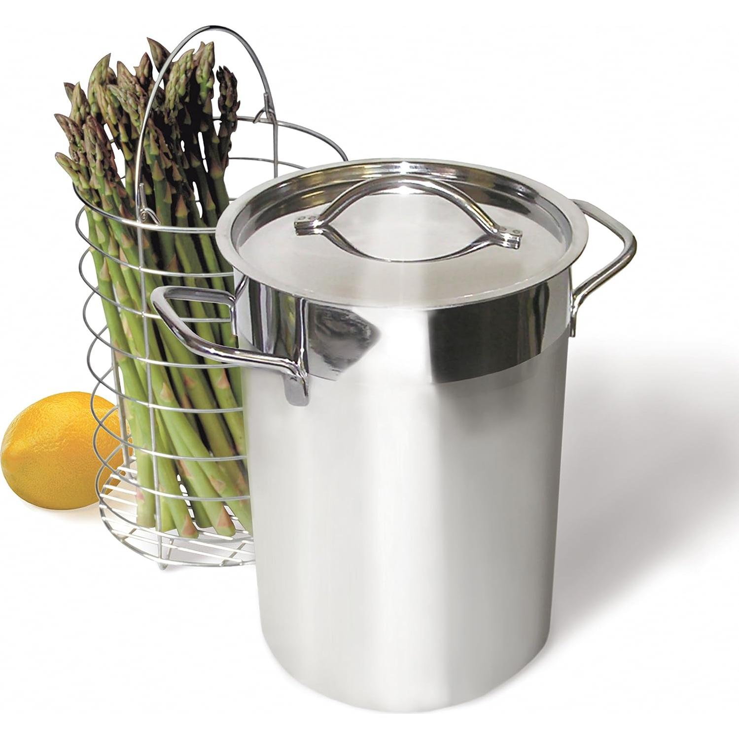 RSVP International Endurance Kitchen Cookware Collection Stainless Steel Asparagus Steamer Pot & Lid with Chromed Steel Basket Insert, 3 Quart Capacity, 5.5" Diameter