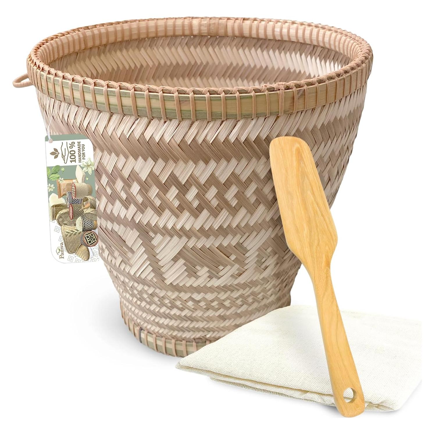 Handmade 100% Natural Traditional Thai Bamboo Wicker Sticky Rice Cooking Basket Lucky Elephant Weave with Large Size with 24x24 Inch Cheesecloth Wrap and Vintage Wooden Paddle