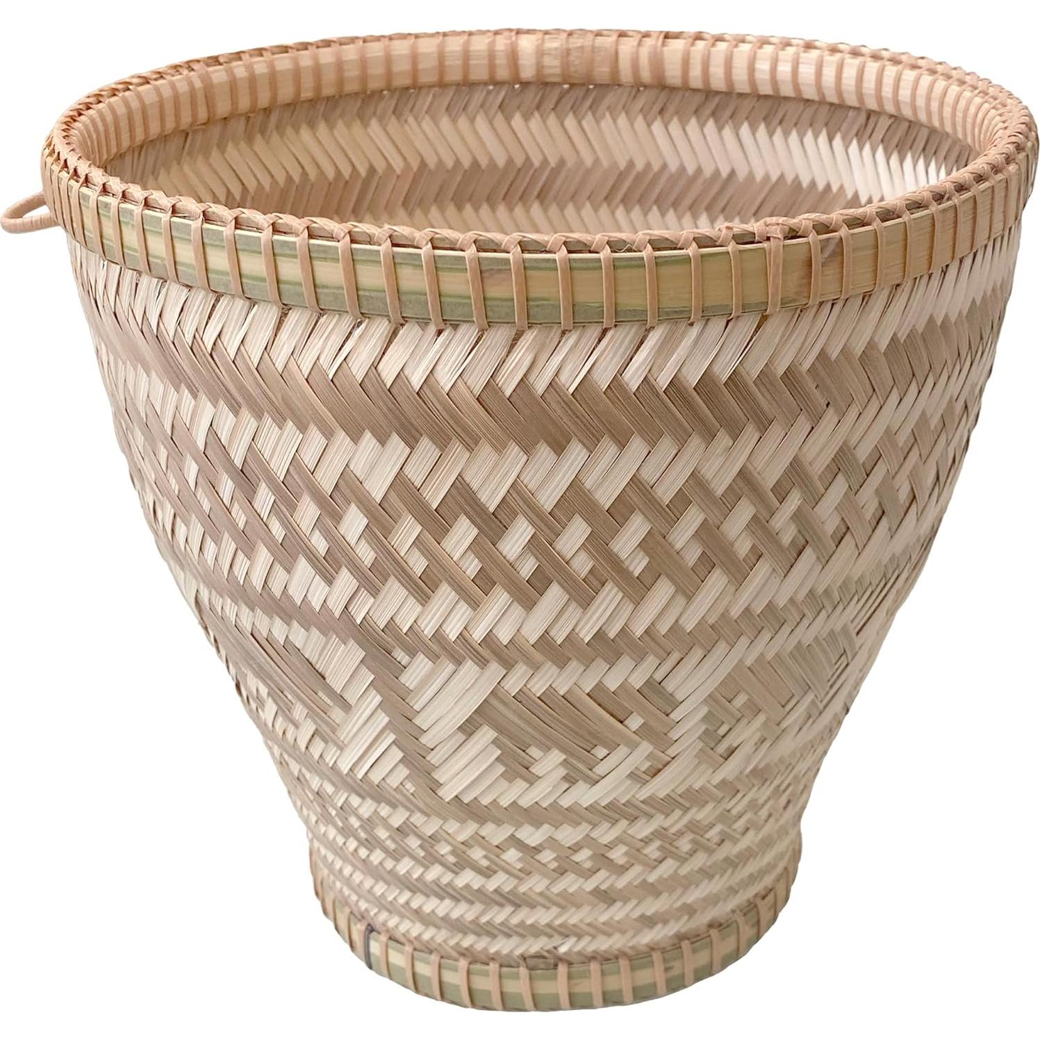 Handmade 100% Natural Traditional Thai Bamboo Wicker Sticky Rice Cooking Basket Lucky Elephant Weave with Large Size with 24x24 Inch Cheesecloth Wrap and Vintage Wooden Paddle