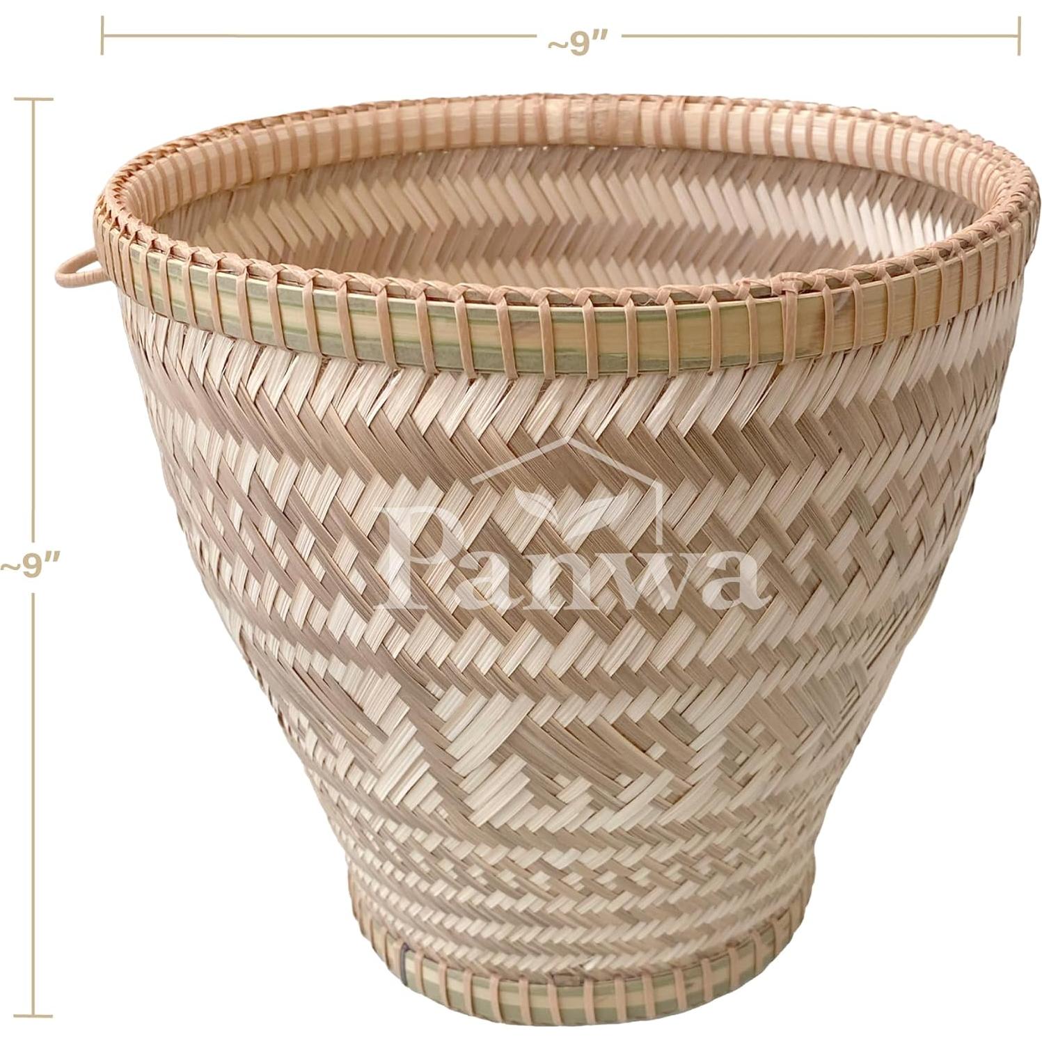 Handmade 100% Natural Traditional Thai Bamboo Wicker Sticky Rice Cooking Basket Lucky Elephant Weave with Large Size with 24x24 Inch Cheesecloth Wrap and Vintage Wooden Paddle