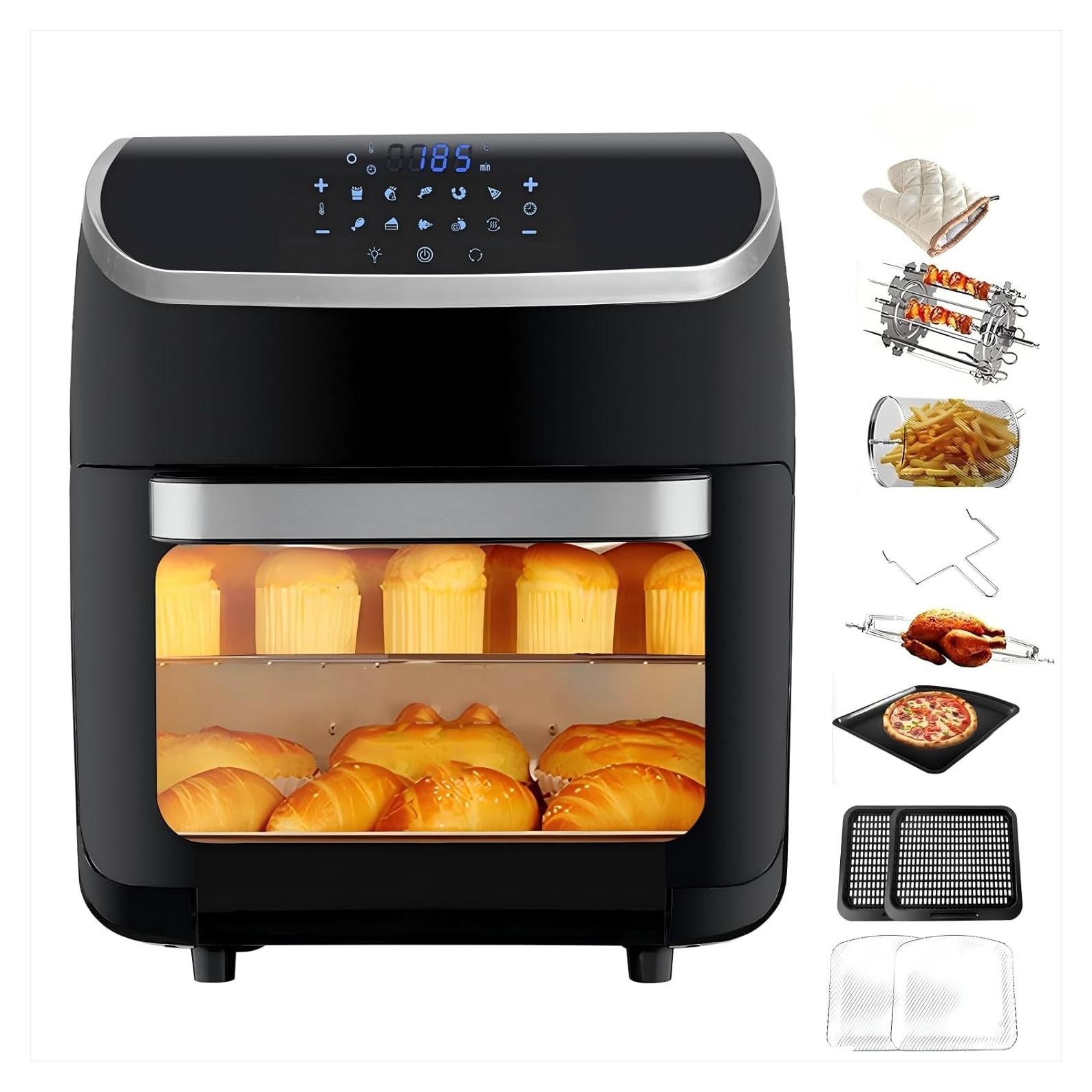 XL 13QT Multifunctional Digital Air Fryer+ Rotisserie, Dehydrator, Convection Oven, 10 Touch Screen Presets Fry, Roast, Dehydrate, Bake, Large Family Size，Easy-View Window, Black