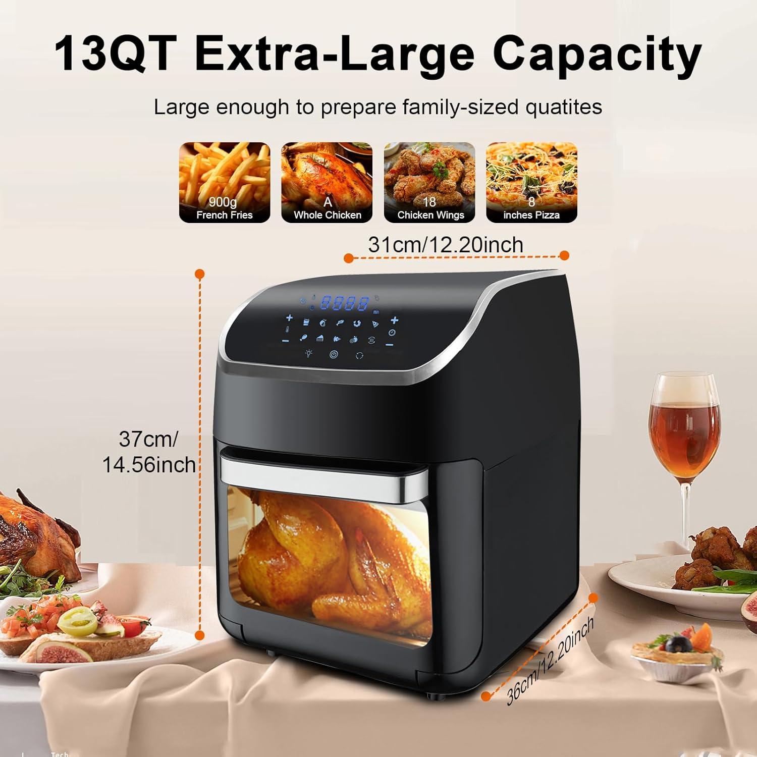 XL 13QT Multifunctional Digital Air Fryer+ Rotisserie, Dehydrator, Convection Oven, 10 Touch Screen Presets Fry, Roast, Dehydrate, Bake, Large Family Size，Easy-View Window, Black