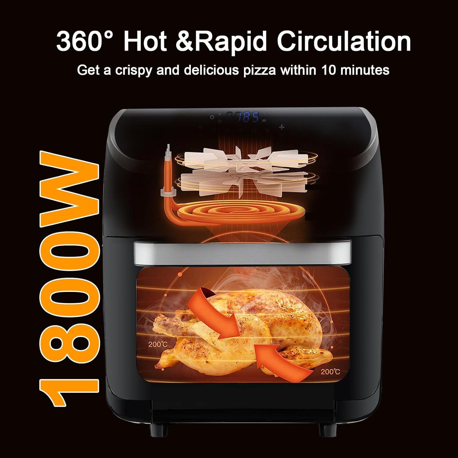 XL 13QT Multifunctional Digital Air Fryer+ Rotisserie, Dehydrator, Convection Oven, 10 Touch Screen Presets Fry, Roast, Dehydrate, Bake, Large Family Size，Easy-View Window, Black