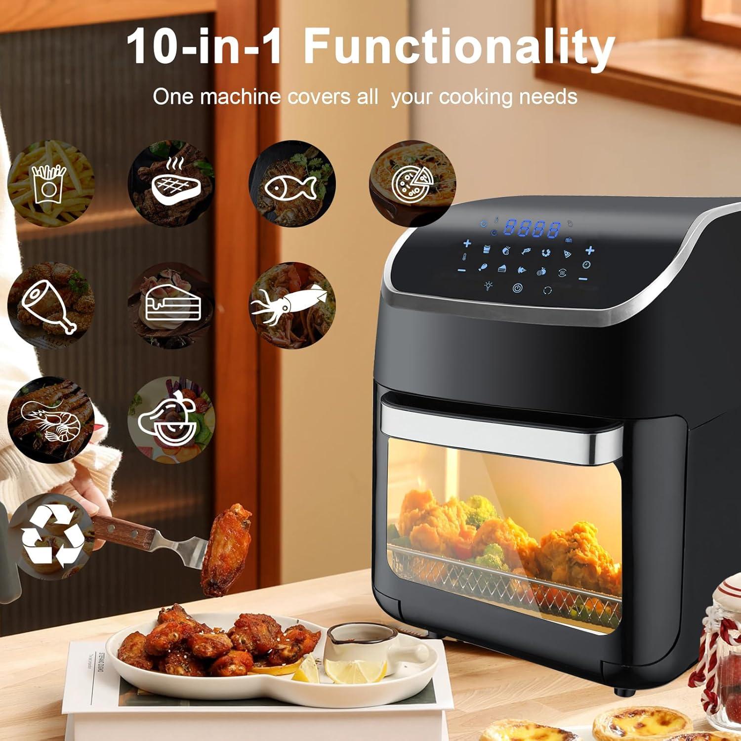 XL 13QT Multifunctional Digital Air Fryer+ Rotisserie, Dehydrator, Convection Oven, 10 Touch Screen Presets Fry, Roast, Dehydrate, Bake, Large Family Size，Easy-View Window, Black