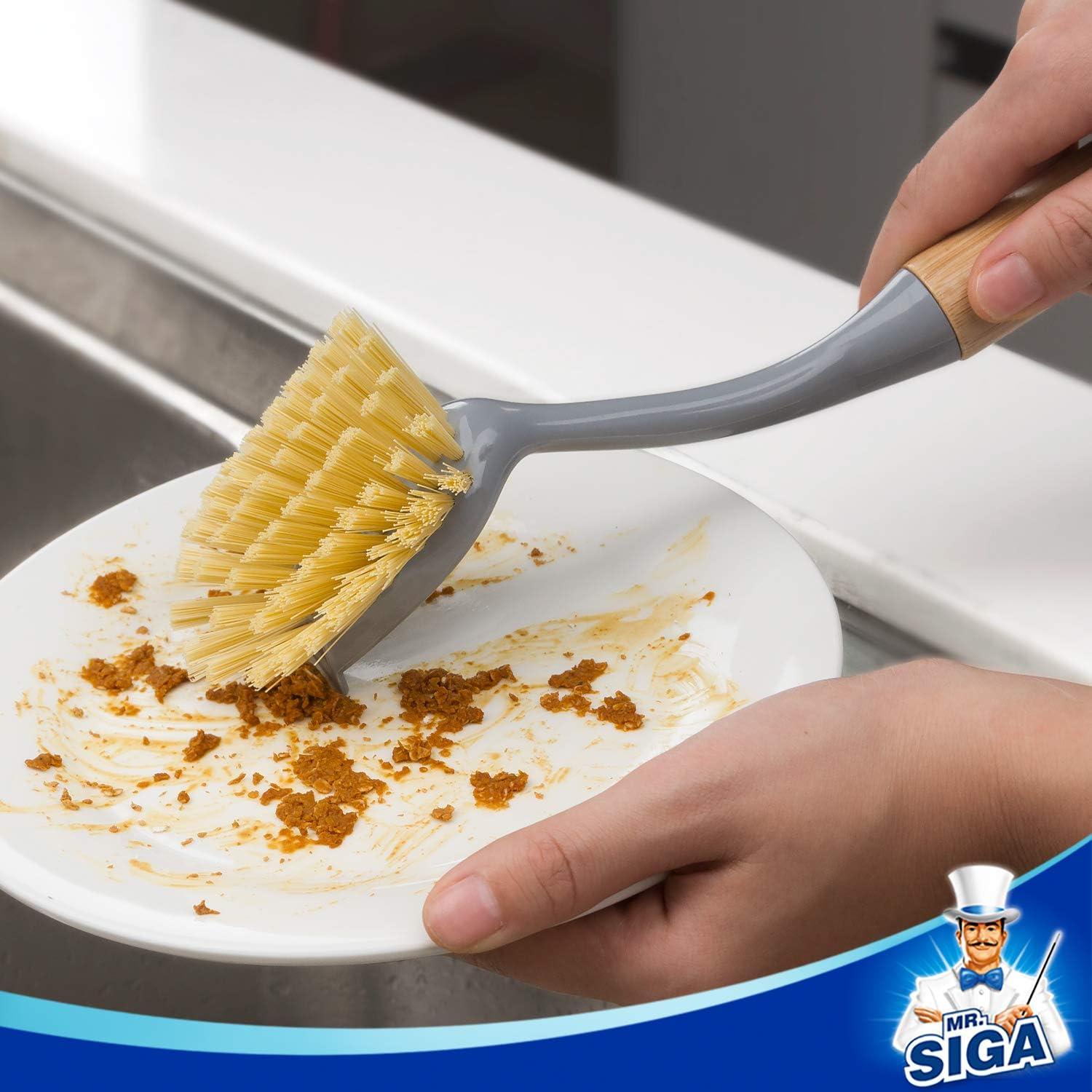 Cepillo para Platos MR.SIGA con Mango de Bambú y Raspador - 2 Unidades