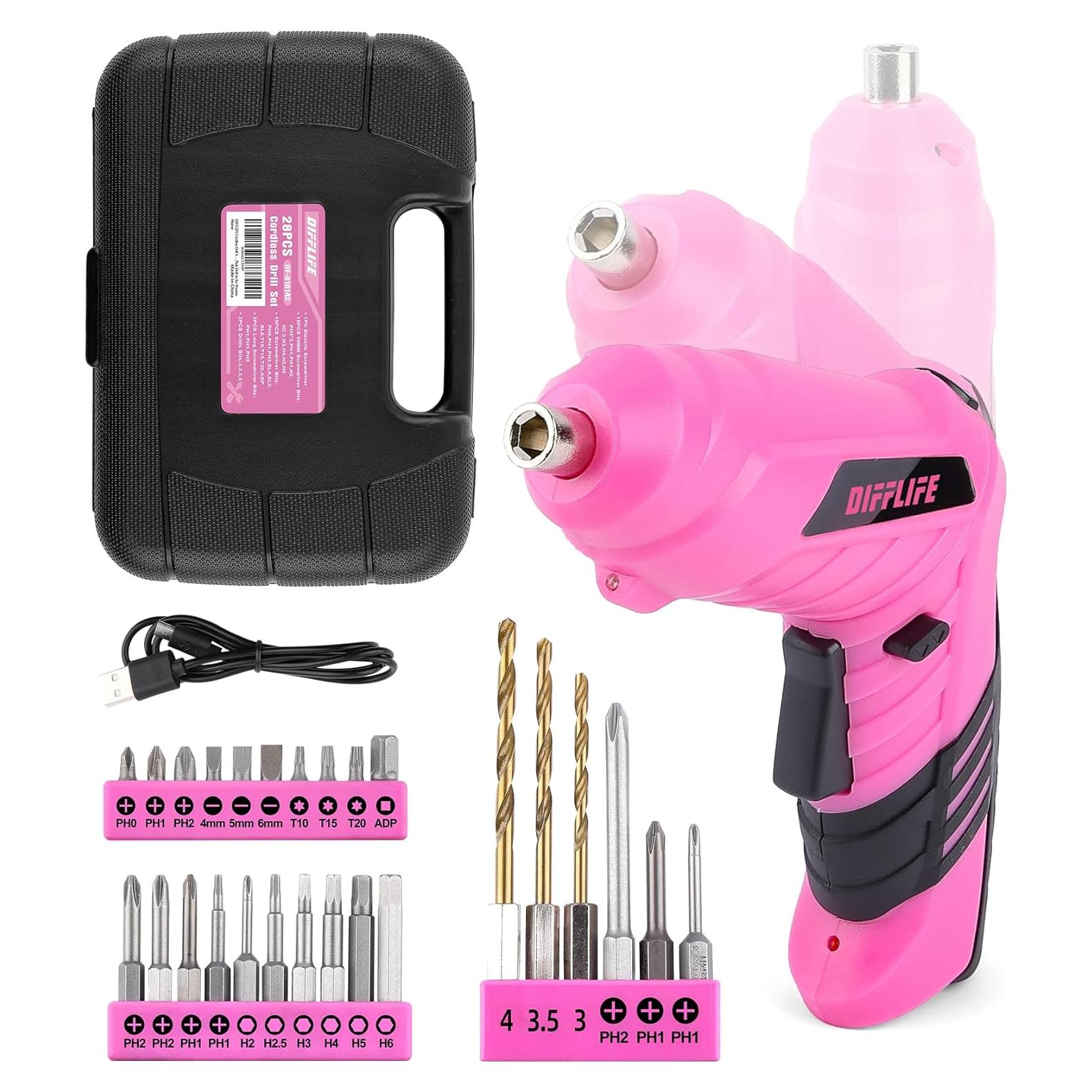 Destornillador Eléctrico Inalámbrico DIFFLIFE Rosa 3.6V 28 Piezas