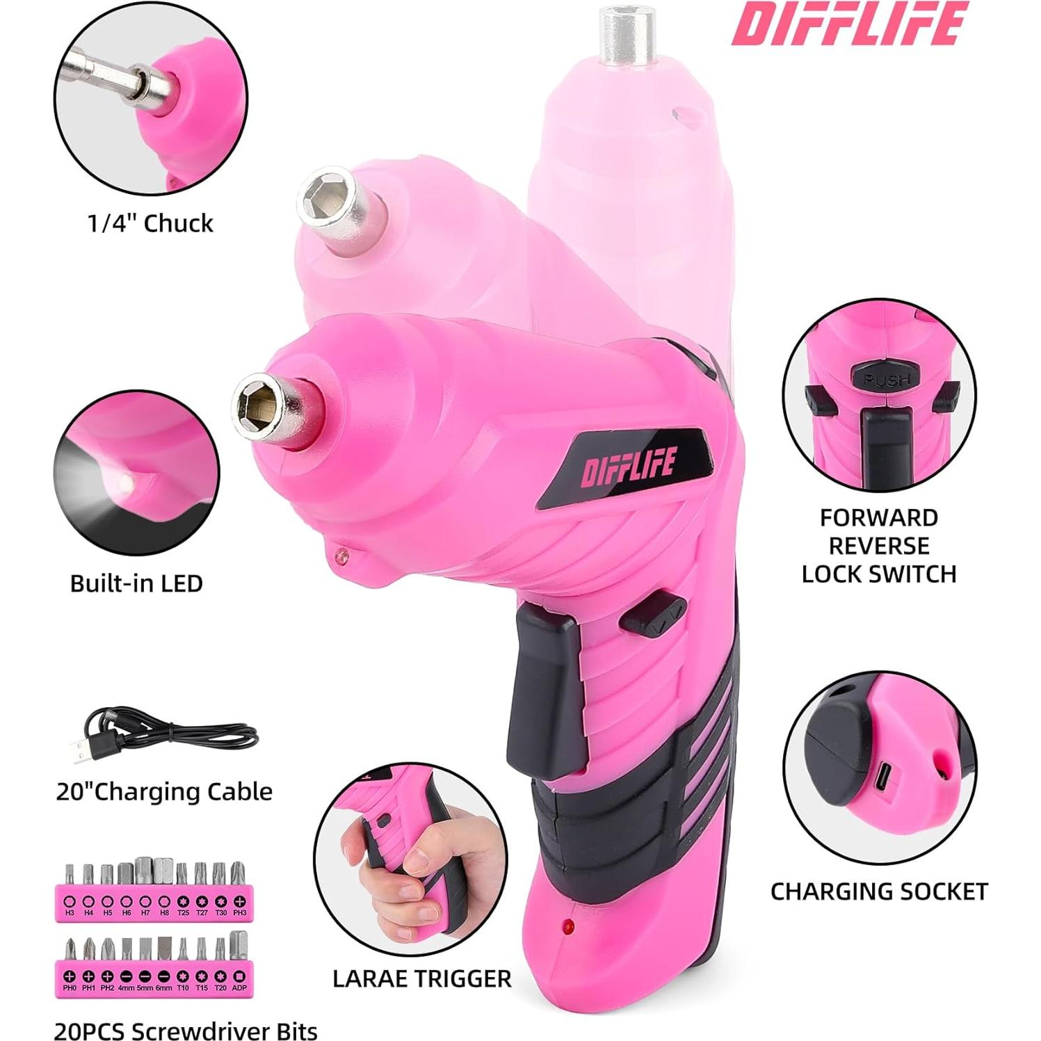 Destornillador Eléctrico Inalámbrico DIFFLIFE Rosa 3.6V 28 Piezas