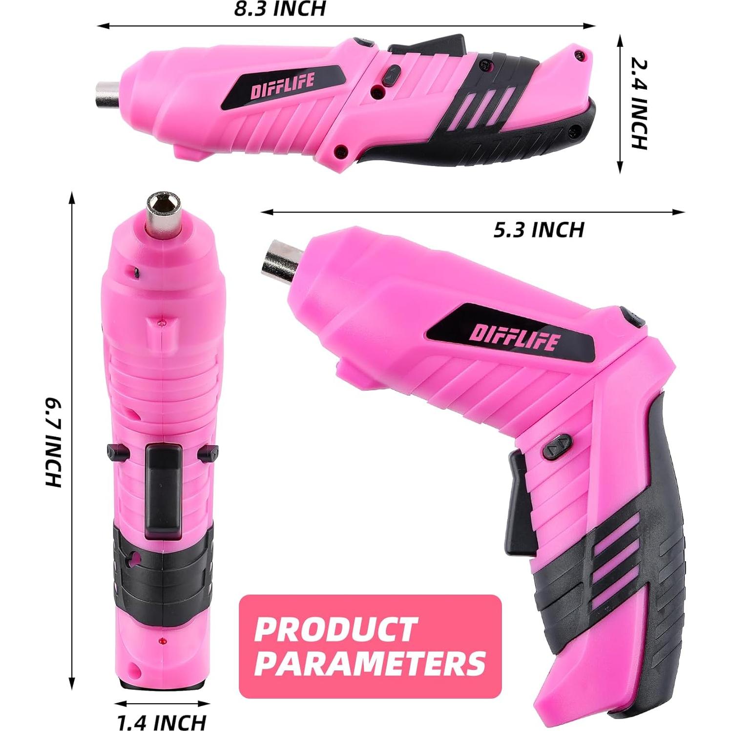 Destornillador Eléctrico Inalámbrico DIFFLIFE Rosa 3.6V 28 Piezas