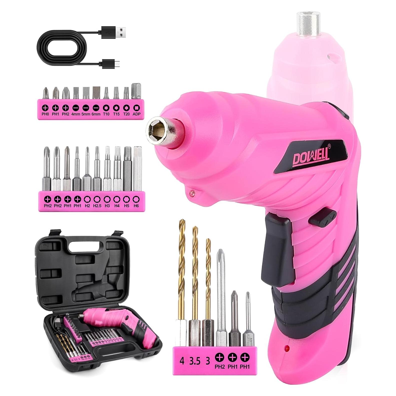 Destornillador Eléctrico Inalámbrico DOWELL 3.6V Rosa con 27 Accesorios